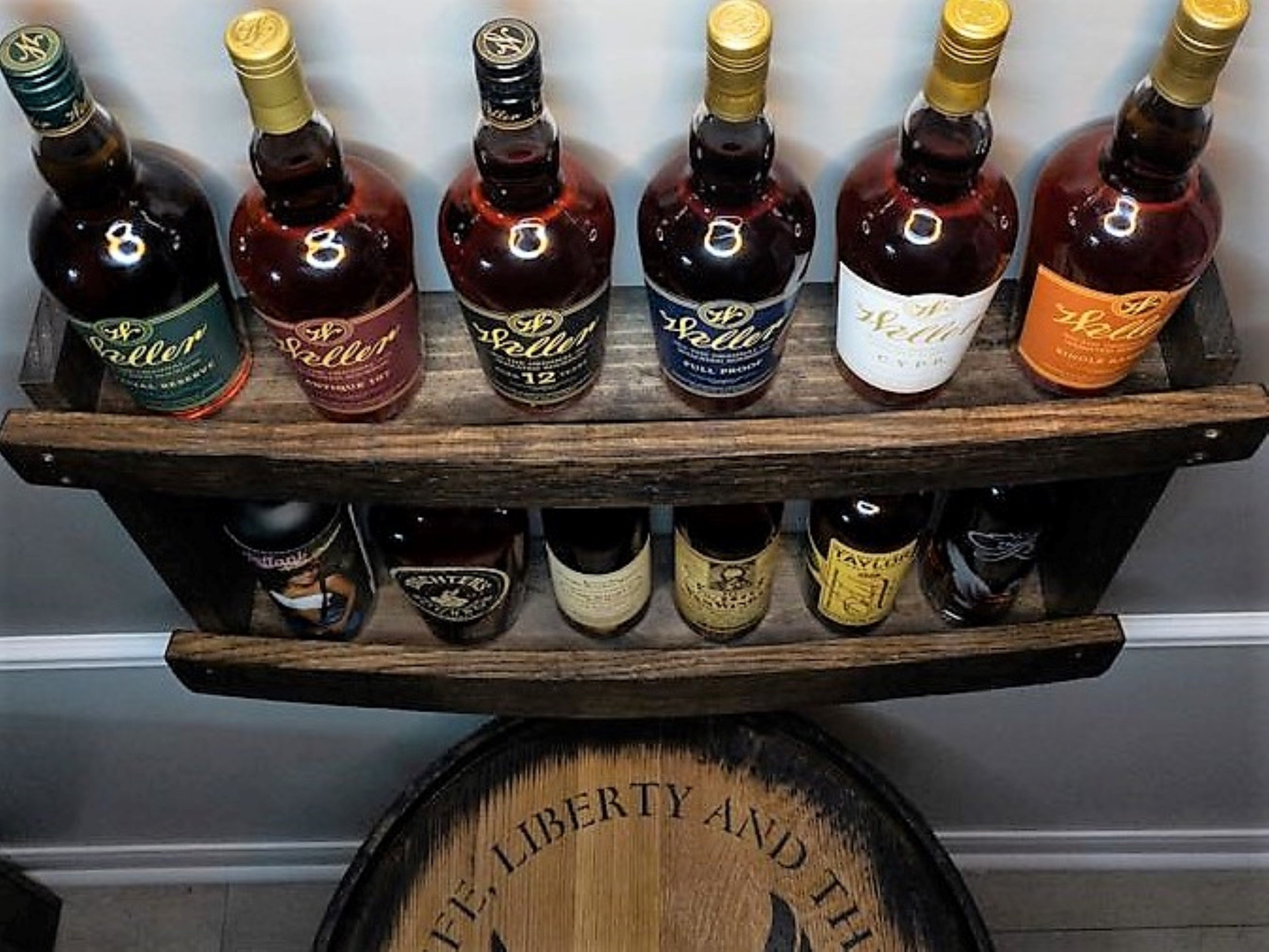 Bourbon Whiskey Barrel Stave Shelf, 2 Levels, Torched Liquor Shelf, Top View