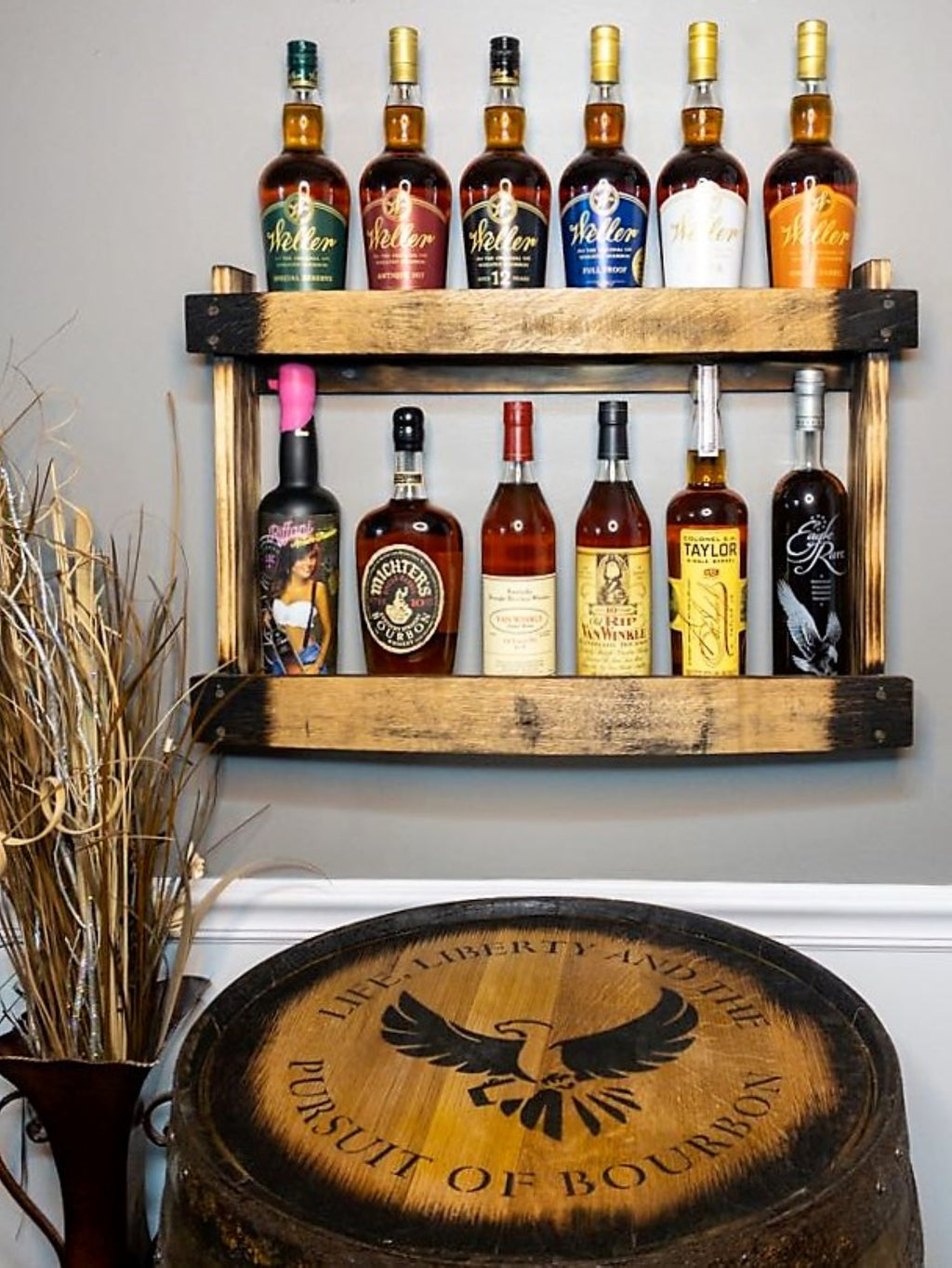 Bourbon Whiskey Barrel Stave Shelf, 2 Levels, Torched Liquor Shelf, bourbon bottle display cabinet, staged with barrel bar
