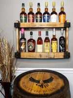 Load image into Gallery viewer, Bourbon Whiskey Barrel Stave Shelf, 2 Levels, Torched Liquor Shelf, bourbon bottle display cabinet, staged with barrel bar
