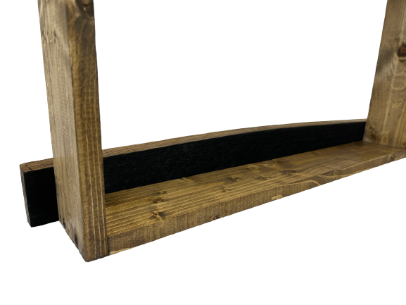 Dark walnut bourbon whiskey liquor barrel stave shelf, wood bottle display cabinet, wall mount, easy installation,  close up