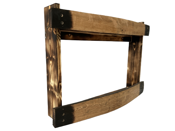 torched bourbon whiskey liquor barrel stave shelf, wood bottle display cabinet, wall mount, easy installation, side view