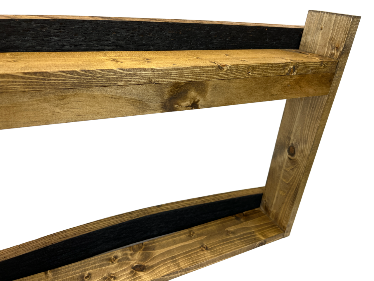 Dark walnut bourbon whiskey liquor barrel stave shelf, wood bottle display cabinet, wall mount, easy installation, corner close up