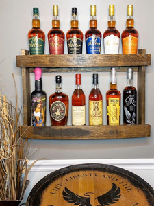 Dark walnut bourbon whiskey liquor barrel stave shelf, wood bottle display cabinet, wall mount, easy installation, staged with bourbon bottles