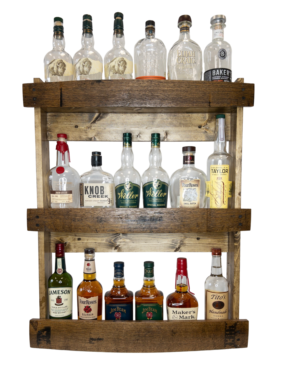 The Torched Barrel Bourbon/Whiskey Stave Shelf, Large Dark Walnut Three-Tier Liquor Bottle Display Cabinet, Wall Mount, Easy Installation