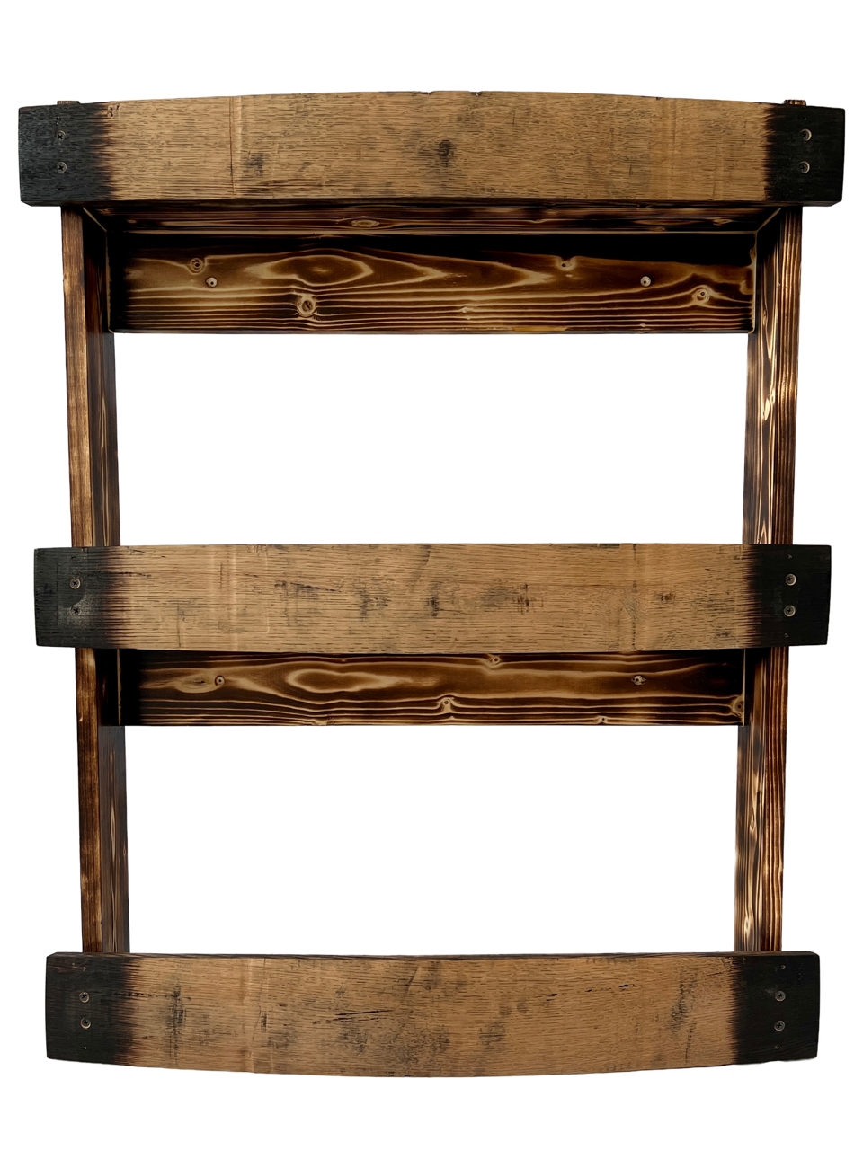 The Torched Barrel Bourbon/Whiskey Stave Shelf, Large Torched Three-Tier Liquor Bottle Display Cabinet, Wall Mount, Easy Installation