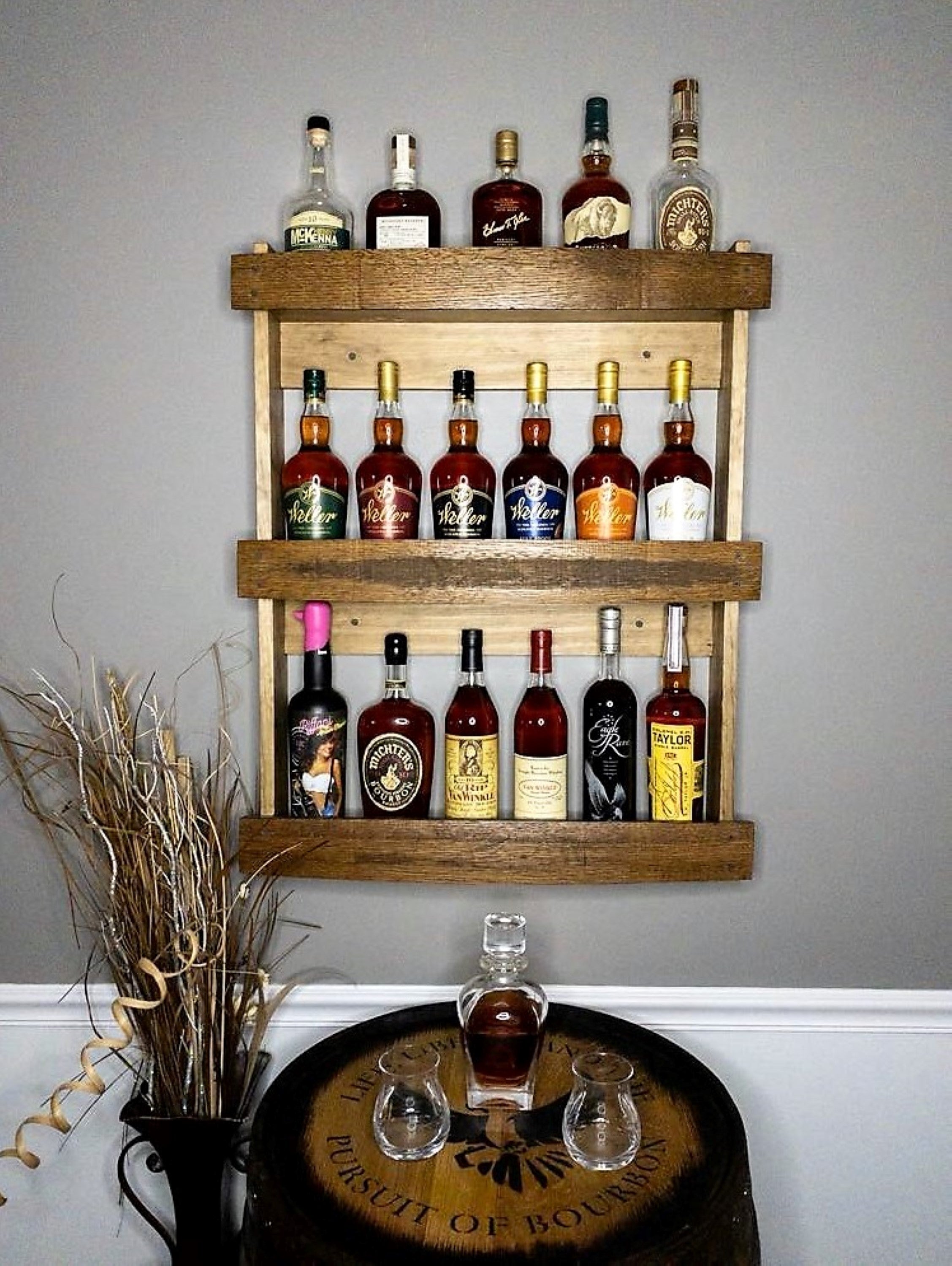 The Torched Barrel Bourbon/Whiskey Stave Shelf, Large Dark Walnut Three-Tier Liquor Bottle Display Cabinet, Wall Mount, Easy Installation, empty shelves