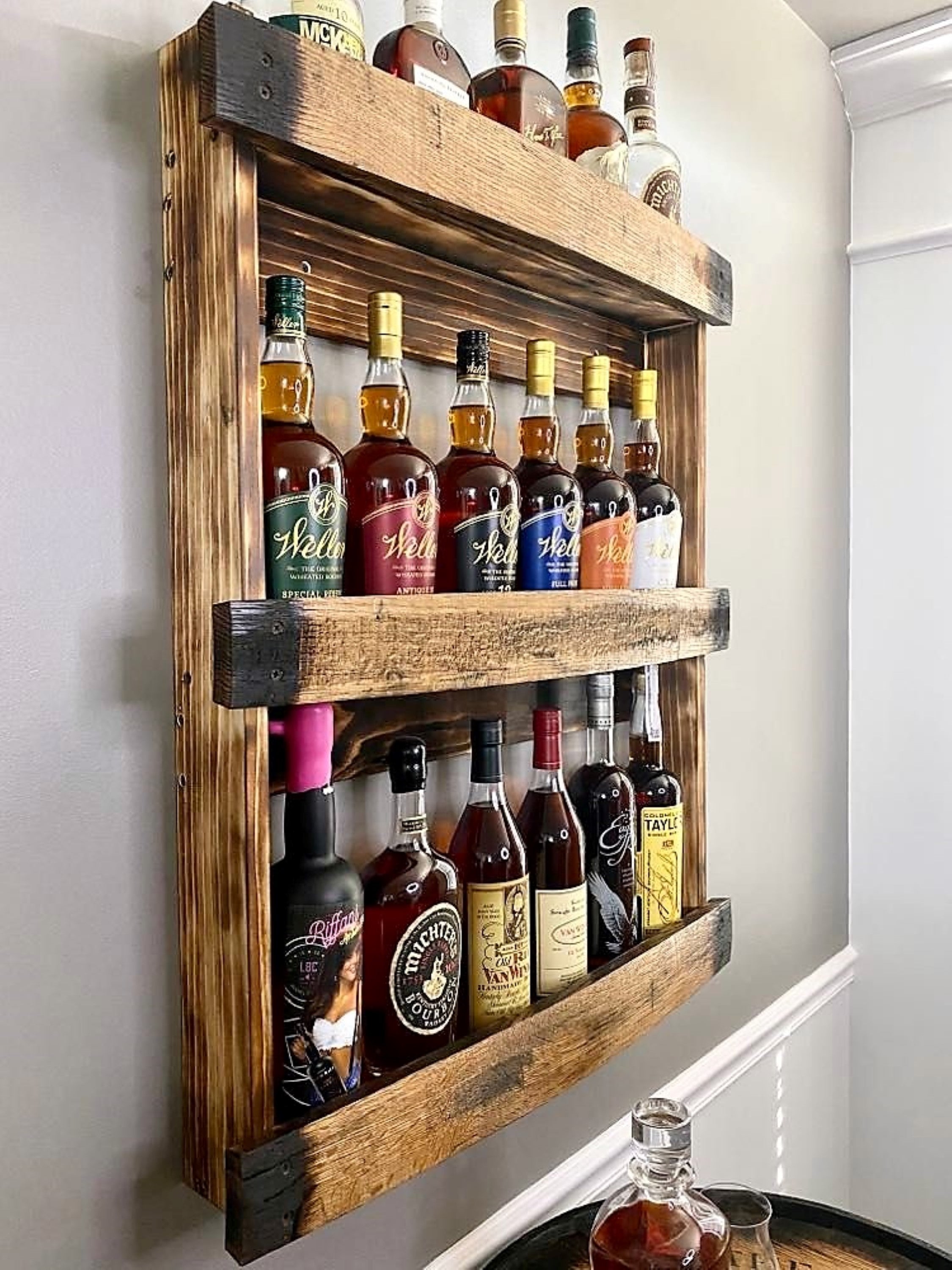 Bourbon Whiskey Barrel Stave Shelf, 3 Levels, Torched Liquor Shelf, Side View