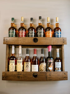 Dark walnut bourbon whiskey liquor barrel stave shelf, wood bottle display cabinet, wall mount, easy installation, staged with bourbon bottles