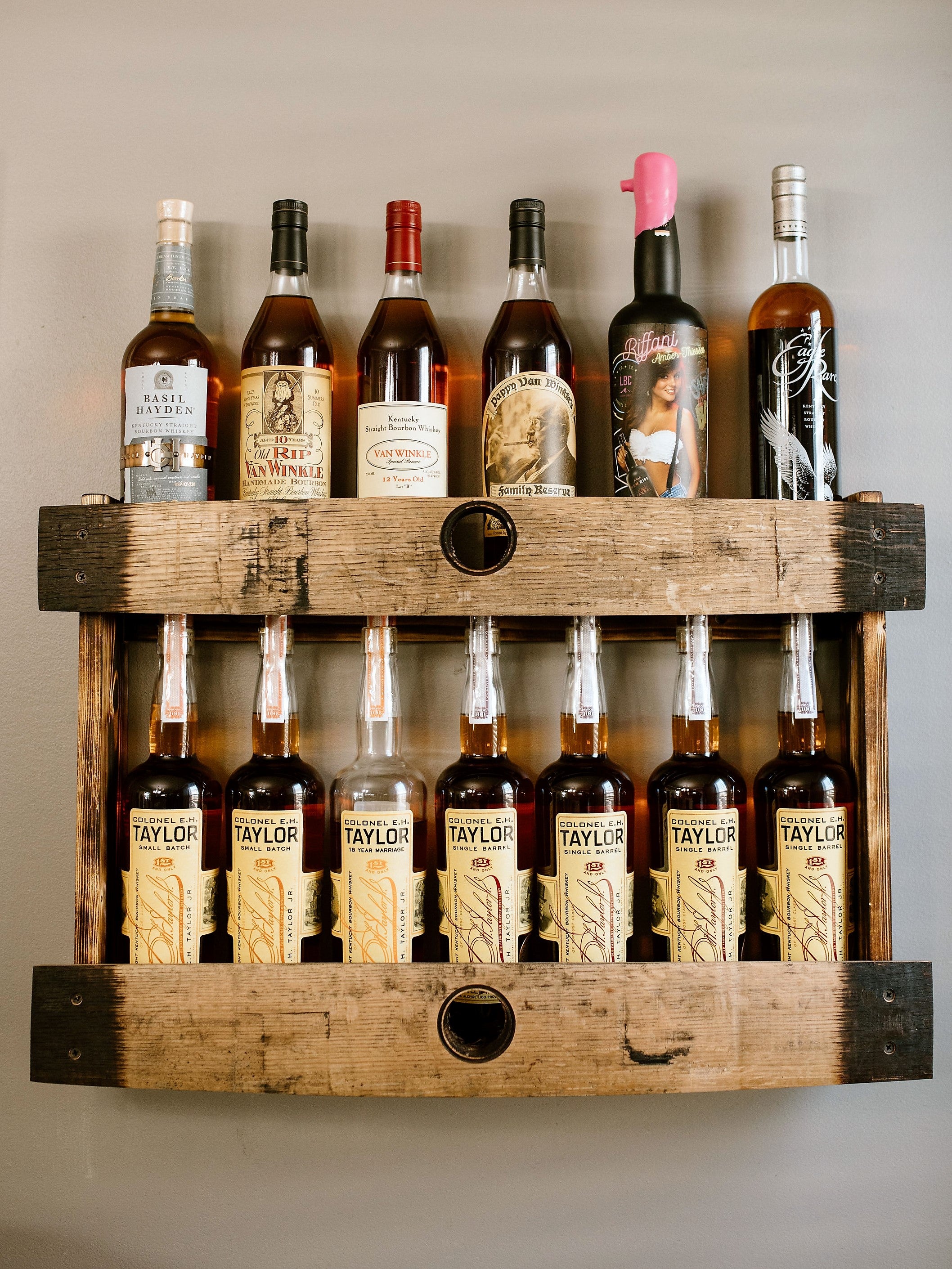 Bourbon Whiskey Barrel Stave Shelf, 2 Levels, Torched Liquor Shelf, bourbon bottle display cabinet, staged with barrel bar