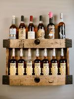 Load image into Gallery viewer, Bourbon Whiskey Barrel Stave Shelf, 2 Levels, Torched Liquor Shelf, bourbon bottle display cabinet, staged with barrel bar
