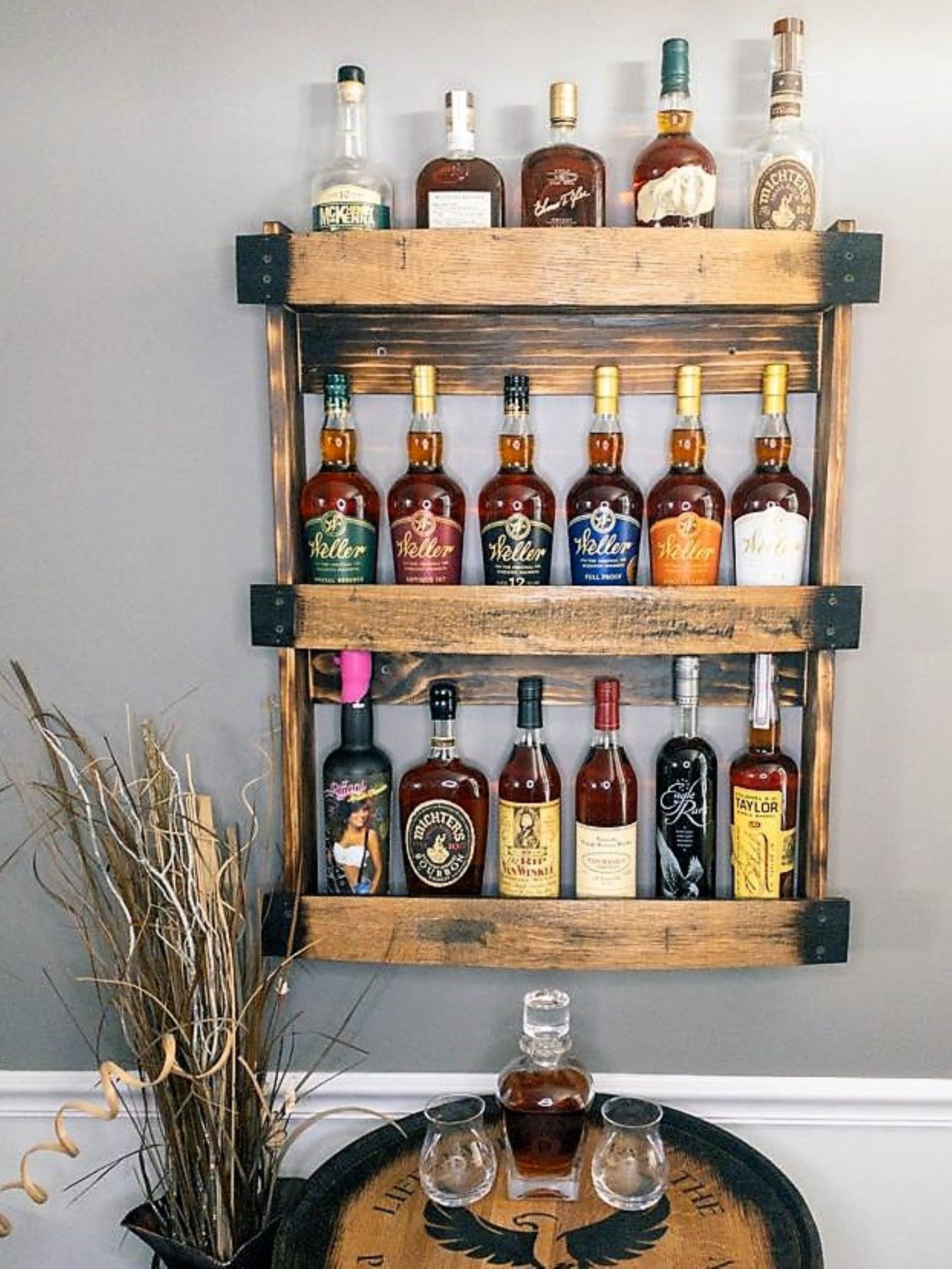 Bourbon Whiskey Barrel Stave Shelf, 3 Levels, Torched Liquor Shelf